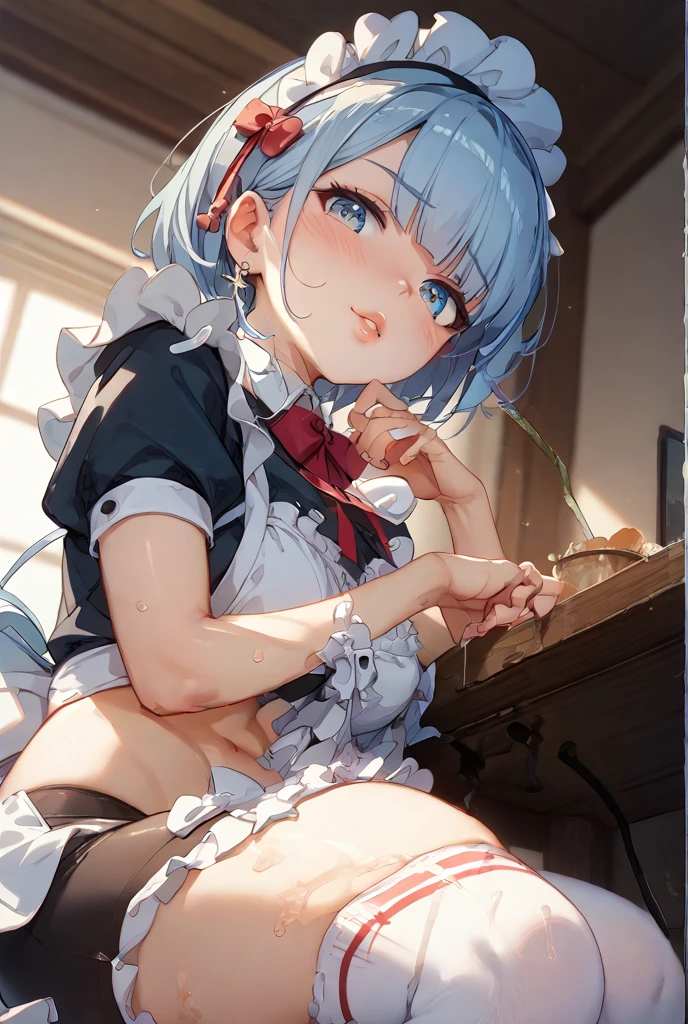 score_9, score_8_up, score_7_up, source_anime, 1girl, blue hair, medium hair, one curl, forehead, blue eyes, cat ears, flat chest, eyeglasses, micro bikini maid, headdress, blouse, skirt, apron, areola, bent over, back, private room, mansion,