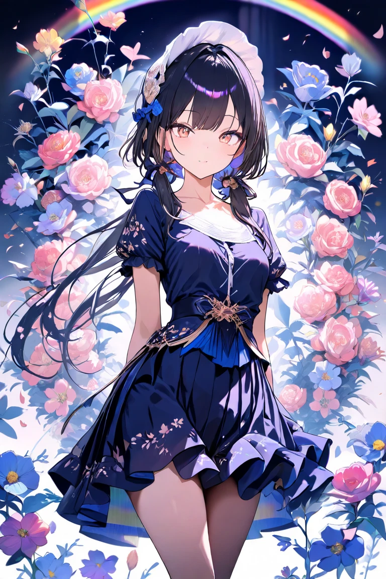 tmasterpiece,Highest image quality,super detailing,A high resolution,high saturated,Lighting effects，and the sun was shining brightly，garden with colorful flowers。，Antique characters，Faraway view。one-girl，The face is delicate，There are big eyes of God，Black hair，Details coiled，long braid,Black eyelashes，Look up，DOA ，Creative long dress。