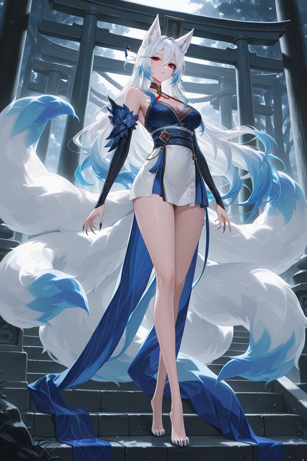 beast, Nine-Tailed FoxThe giant fox , full body

Red, fine details, impressive work of art, high quality,  8,000, VERY DETAILED, HIGH RESOLUTION,  exquisite composition ,in the evening when the spell was cast,ultra-detailed,The giant fox，meticulous eyes,VERY DETAILED眼睛，beautiful eyes，Detailed pupils ，beautiful hair, Beautiful face, Delicate Beautiful Eyes,  beautiful body  , beautiful chest,beautiful legs, Beautiful Legs,Brightening Skin,shiny skin, Nine-Tailed Fox, fierce red eyes, (Fur: White, tail and ear tips and claws, on the masterpiece, has a large blue strip on the back leg), with intricate hair on the bottom of one ear, randomly appears red,shrine、In the precincts of Torii、The stone staircase