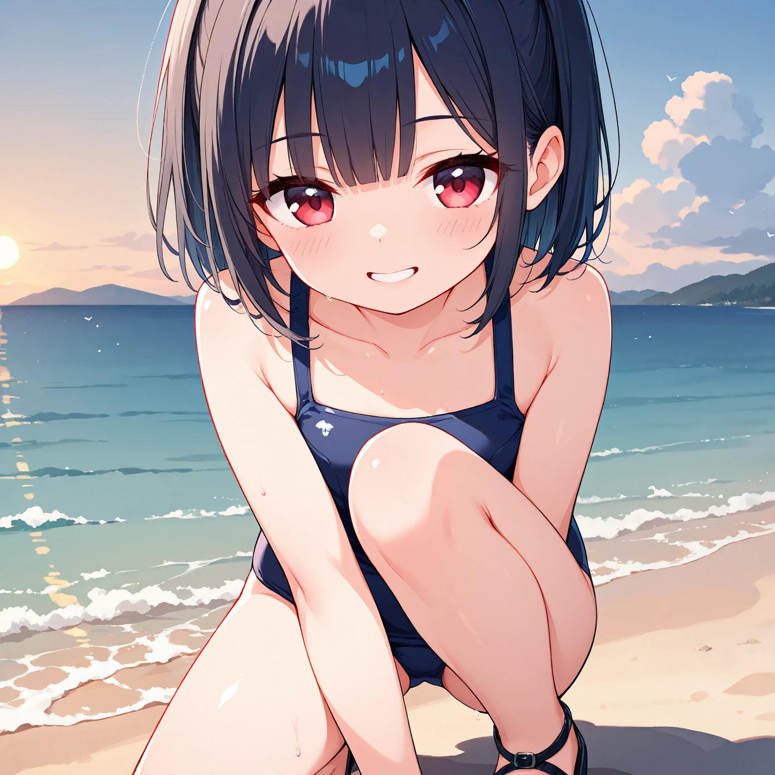 One girl,Nozomi、Gentle expression、smile、Welcome、Sexy pose、Pastel-colored sexy swimsuit、nsfw,Ocean、beach、noon、blue sky、Sitting、Leg spread、from above,A complete depiction of the human body、masterpiece, Highest quality, Game CG, ultra detailed、highres、extremely detailed CG