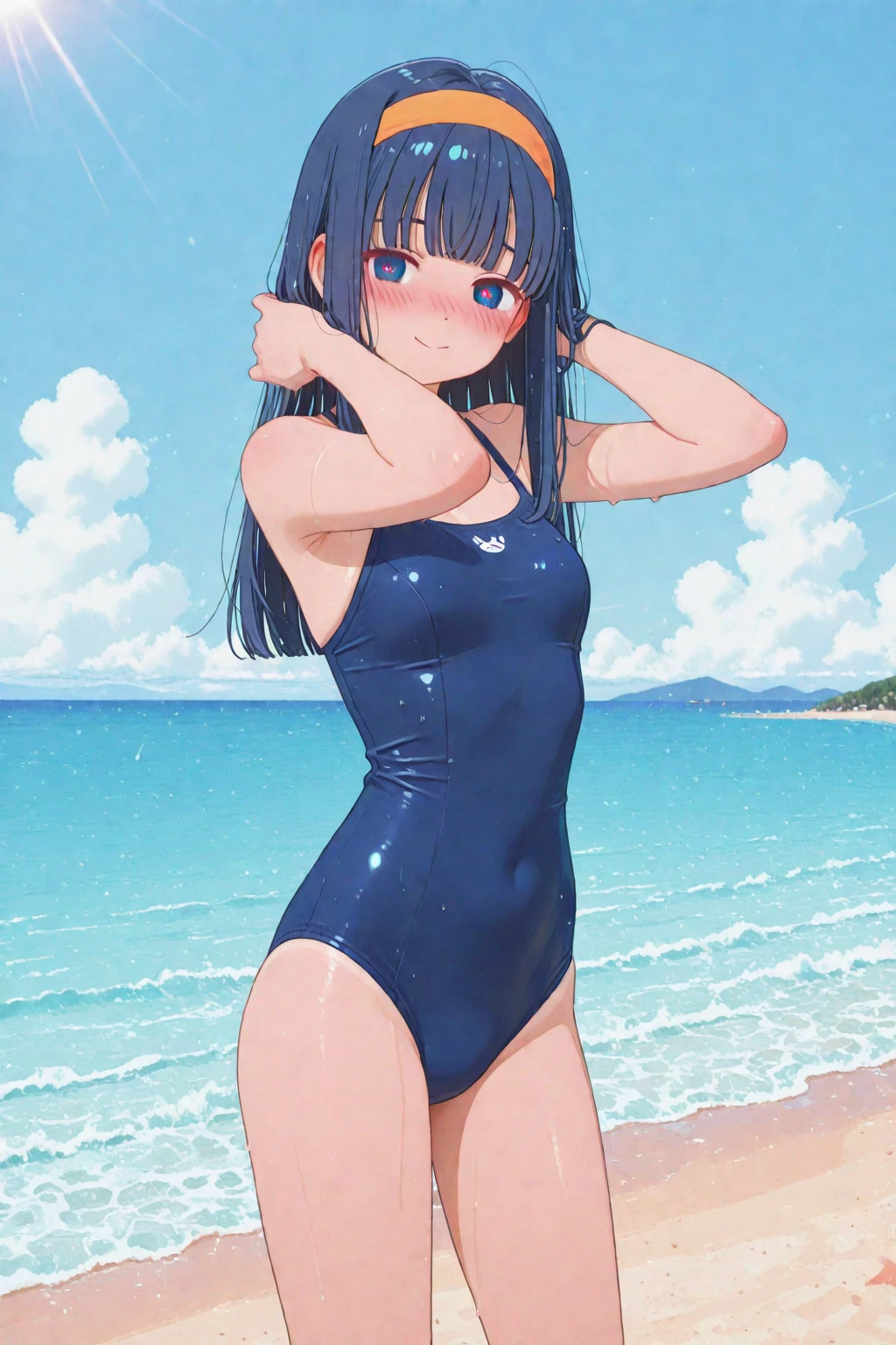 Random Swimsuit、Acme Face、Random pose、, Pale purple eyes、Pale purple eyes、Semi-long hair、nsfw、Highest quality、1 girl、solo、Ocean、Sandy Beach、Sexy pose、Random pose、Blushing、wet、Embarrassed、I can see half of my 、、One piece swimsuit、(Strap slip:1.3)、Swimsuits in random colors