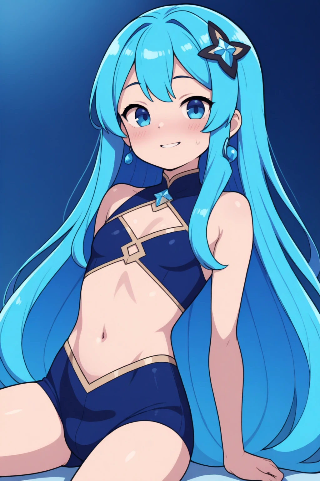 BREAK looking at viewer, BREAK outdoors, BREAK (masterpiece:1.2), best quality, high resolution, unity 8k wallpaper, (illustration:0.8), (beautiful detailed eyes:1.6), extremely detailed face, perfect lighting, extremely detailed CG, (perfect hands, perfect anatomy),aqua \(konosuba\),waterfall,night,stars,moon,starfall,cleavege,neckline,showing panties,white panties,skinny fit,small breasts.