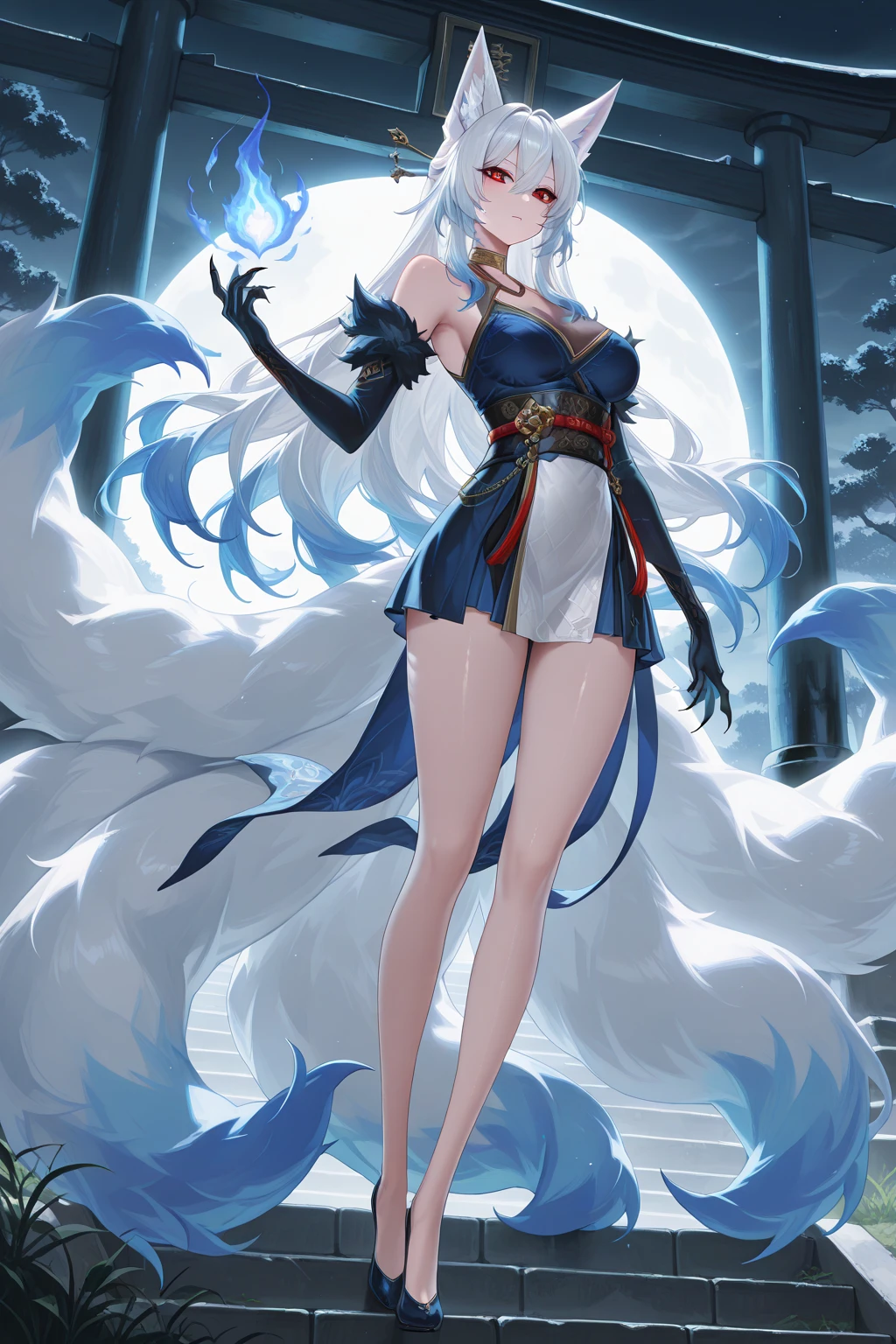 beast, Nine-Tailed FoxThe giant fox 

杰作, fine details, impressive work of art, high quality,  8,000, VERY DETAILED, HIGH RESOLUTION,  exquisite composition ,in the evening when the spell was cast,ultra-detailed,The giant fox，meticulous eyes,VERY DETAILED眼睛，beautiful eyes，Detailed pupils ，beautiful hair, Beautiful face, Delicate Beautiful Eyes,  beautiful body  , beautiful chest,beautiful legs, Beautiful Legs,Brightening Skin,shiny skin, Nine-Tailed Fox, fierce red eyes, (Fur: White, tail and ear tips and claws, on the masterpiece, has a large blue strip on the back leg), has intricate hair at the bottom of one ear, randomly appears red,shrine、In the precincts of Torii、The stone staircase