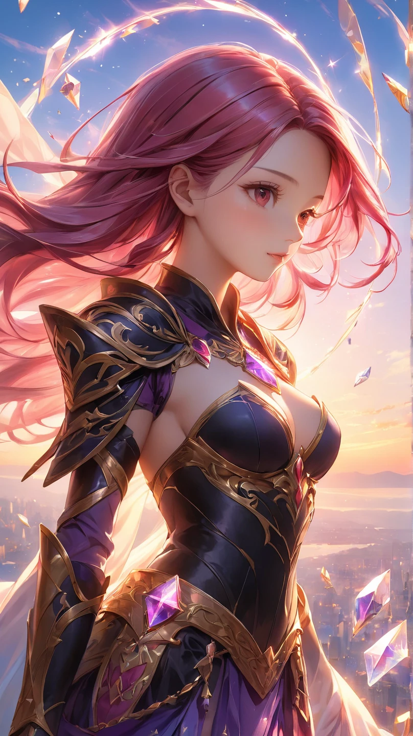 masterpiece,best quality,extremely detailed CG,ultra-detailed,1woman,dragon woman,smirk,eyeshadow,face tatoo,sexy make up,tan skin,pink hair,heterochromia,yellow eye,red eye,dress armor,