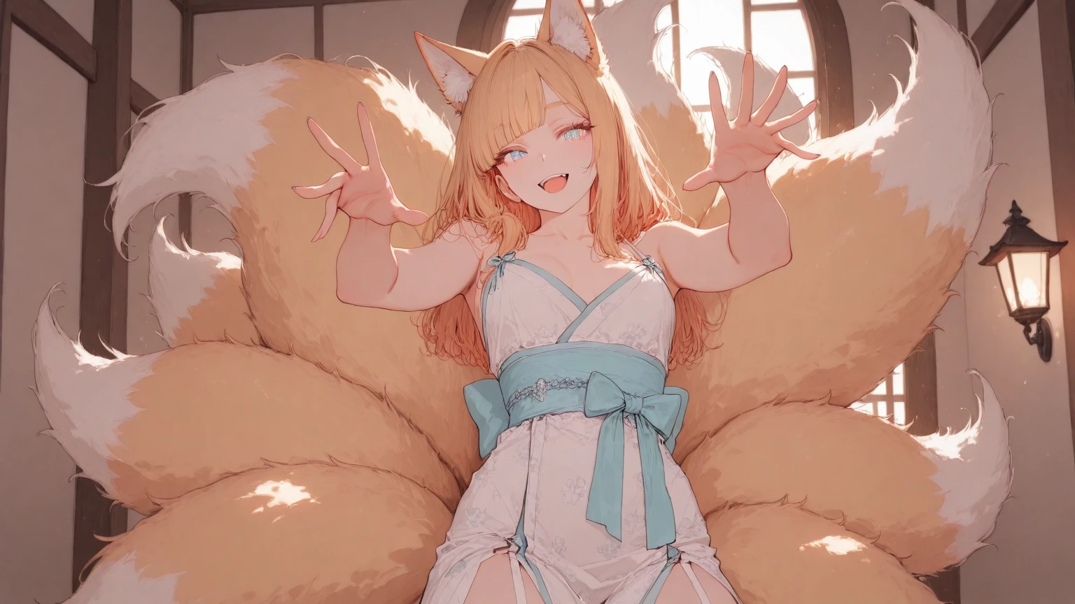 (Masterpiece: 1.4), (Best quality: 1.4), 8K, HD, ultra clear,1girl,(big breasts:1.4),long blond hair,(Heart-shaped pupil:1.3),(Tongue out:1.2),scared:1.3,,Bare abdomen,White lace underwear,Skirt,(Looking up),Bedroom at night,necklace,Messy clothes, cat, kneeling, (cry: 0.7), open mouth, saliva, throat, tongue sticking, hanging pulation, _invitation, inside the mouth, (heart-shaped pupils), paw pose