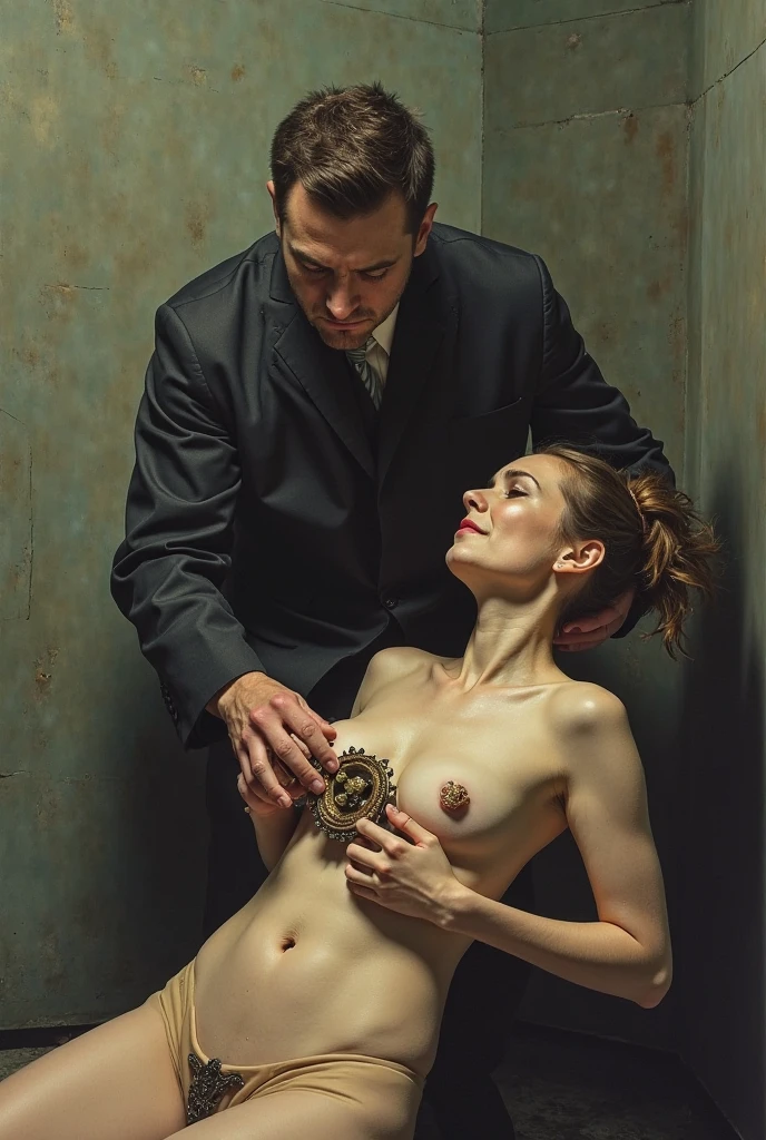 (masterpiece), best quality, very detailed face, ((old man wearing a black suit blue suit suit hugs hugs hugs)) (((nude naked young teen white girl who wears colorful tribal body paint and has short brown curly hair))) and unhappy face and blue eye and medium breast and nipple and and thigh and tribal necklace and earring and tribal bracelet, standing in classroom, modern art on wall, man in the background,