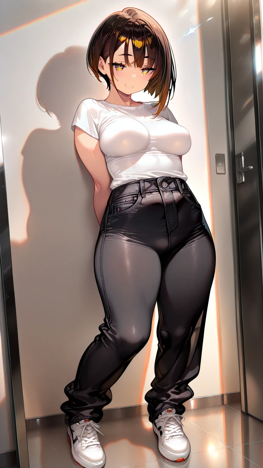 1girl, anime girl, anime, (dark skin), 2d girl, 18y, (fullbody), standing, anime girl, pensive, (blonde hair), ((black blouse)), Solo, Slim, large breasts, big , big Breasts, Tight Shorts, low waist shorts, upshorts, skyscrapers background, modern city, looking at viewer, darker shadows, (((Wedgie))), (((explicit))), (((shorts))), (((absurdres))), (((thigh gap))), (((cleft of venus))), (((lowleg shorts))), (((innie pussy))), (((inniepussy))), (((innie_pussy))),
