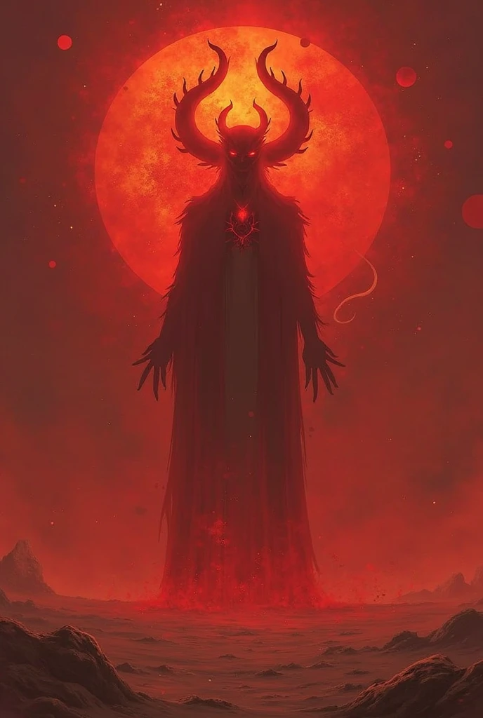 tarot card, the devil,(fire in the background), horns on his head, holding fire in his palm, (desaturated colors)