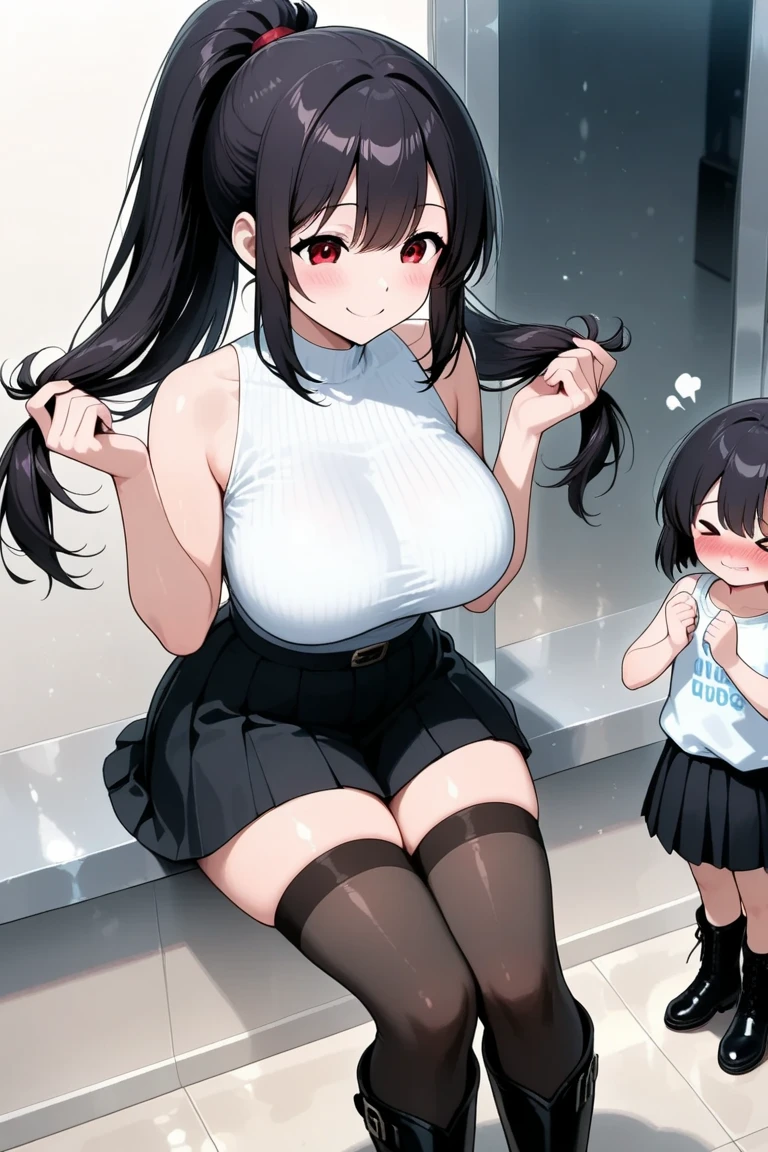 (2girls:1.5), (height_difference:1.5), (size_difference:1.1), (giantess:1.1), a giantess patting a tiny woman on the head, work office, cleavage, (adult woman: 1.4), (mature woman with big breasts: 1.3), simple, simple lines, low contrast, cute, a tiny woman below the breasts of a giantess, hugging, (yuri:1.1), cameltoe, navel
