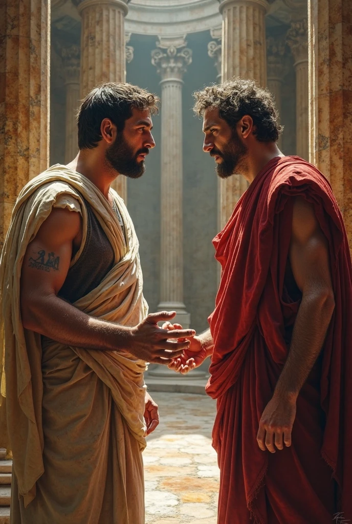 In a grand Roman forum, two male stoic philosophers with well-proportioned, attractive physiques are depicted engaged in a serious, yet respectful conversation. Both men are dressed in classic tunics in muted earthy tones—grey, brown, and olive green—with subtle gold or copper accents. The camera captures a medium shot of them leaning slightly towards each other, their body language and intense gazes indicating a deep intellectual exchange. The setting features majestic Doric columns and the Forum's grandeur, bathed in warm, golden light that highlights their presence and suggests a strong, respectful friendship. The shallow depth of field focuses on their engaging conversation while softly blurring the background, emphasizing their connection and the historical context.