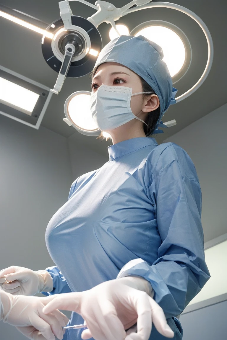 ((top-quality、masutepiece、8K、Top image quality、Hyper-Realism))、((1 beauty、woman undergoing surgery、large full breasts、Wearing surgical gowns、perfect surgical clothes、fair skin、de pele branca、perfect operating table、Operating bed、chignon、Photograph of a woman standing next to the operating table、perfect anatomia、woman undergoing surgery、complex precision machinery、There are many surgical instruments、Hospital operating room、all white room、Pure white walls、Pure white floor、pure white machine、complete white room、complex machinery、perfect operating table