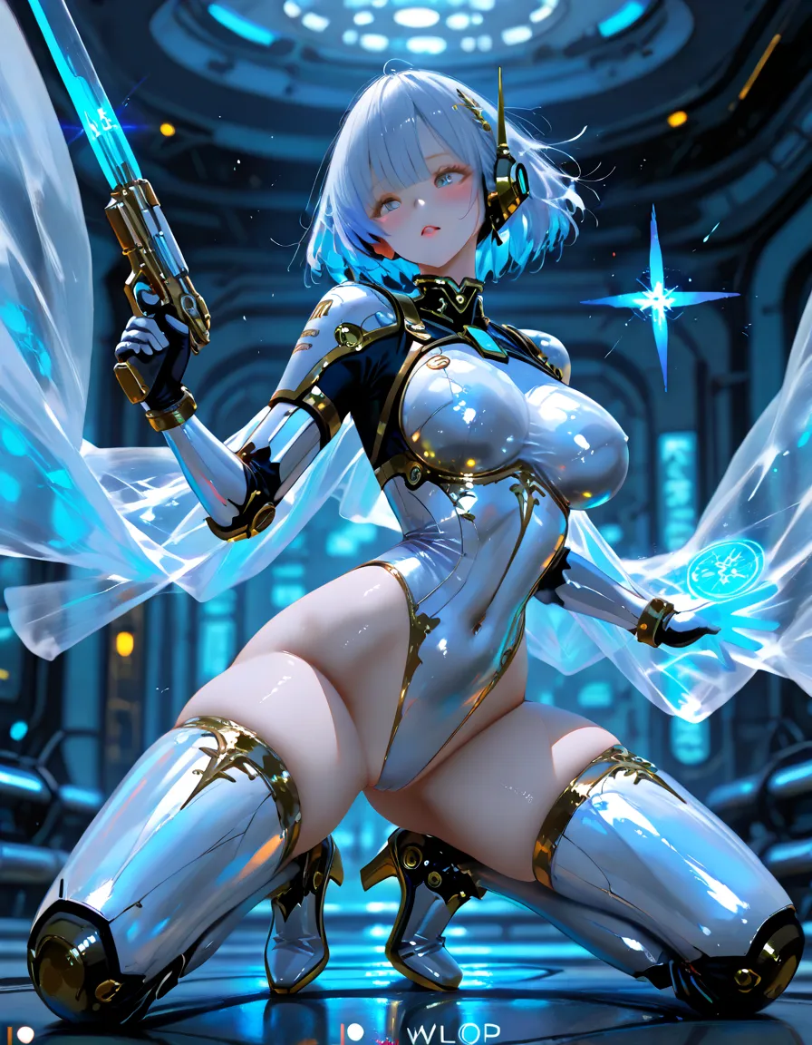 (8k, masterpiece, best quality), ultra-detailed, detailed beautiful round eyes, beautifully detailed face, high quality, high resolution, mecha girl wearing sexy outfit, massive breast, (see-through dress:1.2), mecha, ruins, perfect boobs, perfect face, nighttime, short white hair, small blue moon background, varied poses
