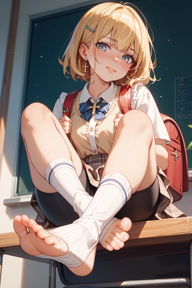 white panties,school uniform,khaki sweater,squatting,cute face,big eyes,smiling,short hair,gold hair,blue eyes,from below,in the classroom,masterpiece, extremely fine and beautiful