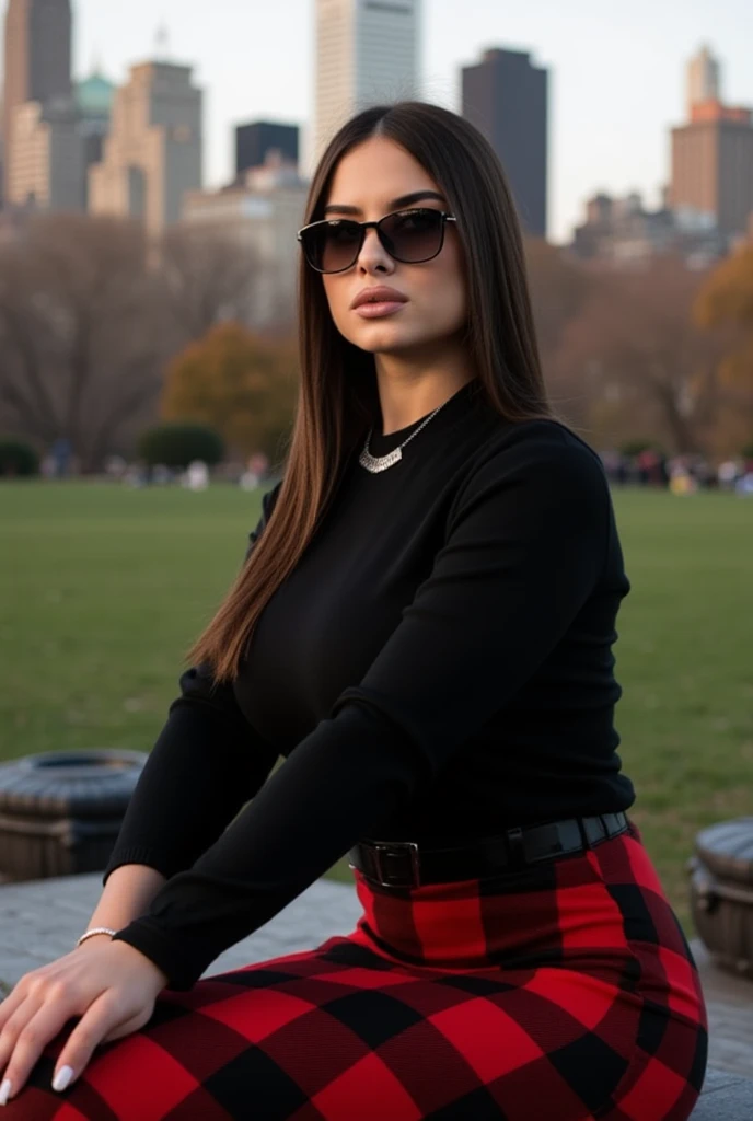 Close-up photo. Beautiful Girl. Wearing black oversized cropped sweater, long dark red&black plaid skirt, and thigh high boots. Sexy and sophisticated. Busty. Small Fitted Thin sleek wired Sunglasses. Light make-up. Detailed face. Soft features. Sitting on a bench in New York's Central Park. Vast open view in the background of grass, trees, and skyscrapers. autumn, golden hour, Photorealistic, Natural atmospheric lighting, intricate details, 35mm photograph, film, professional, 4k visuals, highly detailed, elegant, studio quality.