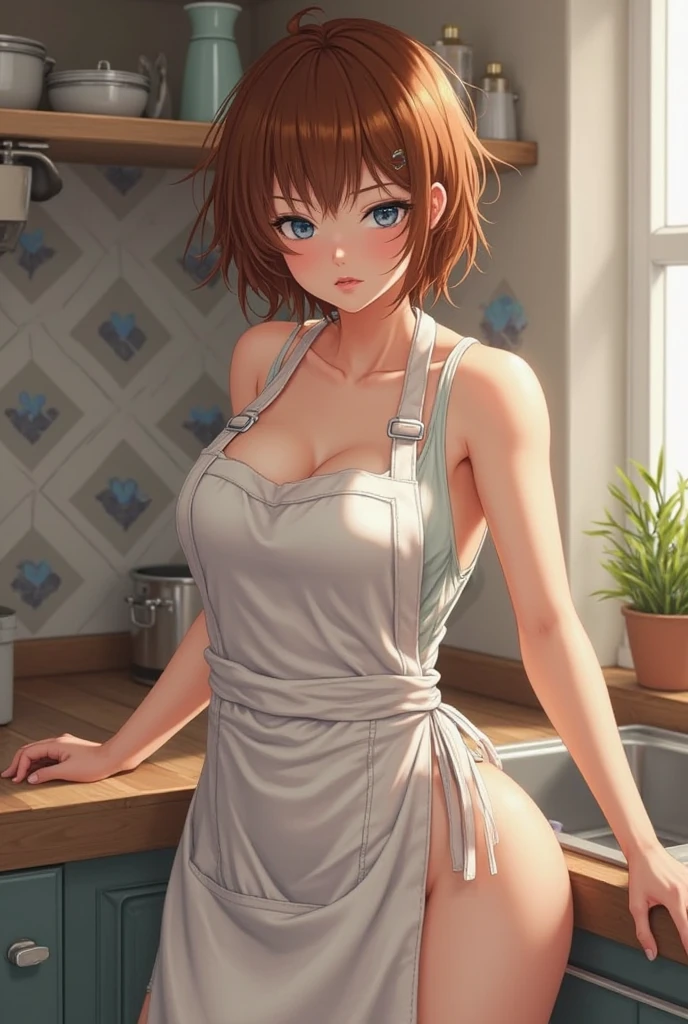 highest quality, Super detailed), (Ultra High Resolution 8K), High-definition facial beauty), ((Naked Apron)), ((Apron Lift)), A girl with a lovely smile, (Big Breasts), No underwear, (Blushing, Embarrassing), Very hot day, Shade, Seduce