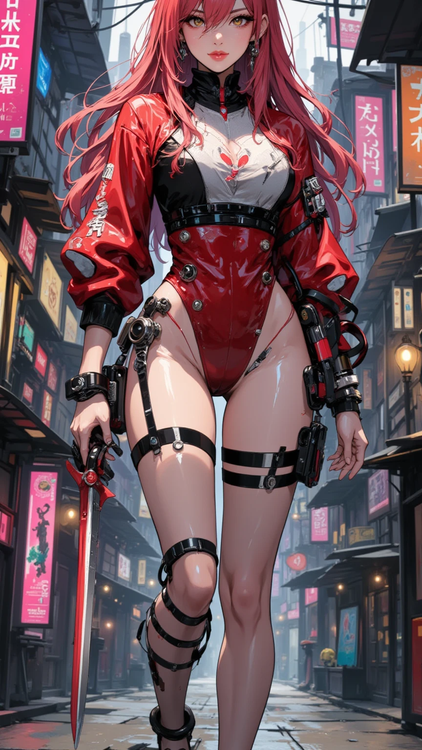 (((woman))), (((climber's cap)))), A 35-year-old muscular Russian warrior almost naked in the Simon Bisley style for the cover of Heavy Metal magazine, ((((tiny red thong))), black hair with white locks and a climber's cap, Minimum clothing, red and dark blue carbon fiber armor with silver stars, ((((red outfit with silver stars))), (((short-cut)))), inside a spaceship, cyberpunk, tight suits, bio mechanical suit,