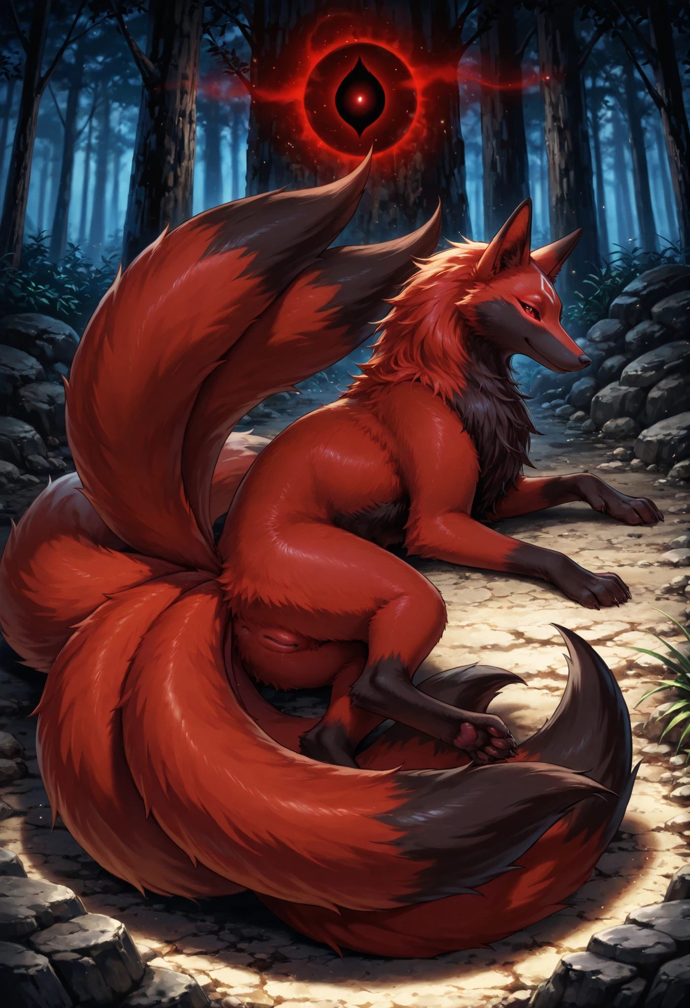score_9,score_8_up,score_7_up, feral, full body, female, kitsune, side view, ninetails, black and red fur, mysterious, mystical, cool, dangerous, lies on side, pussy, seductive, detailed background
