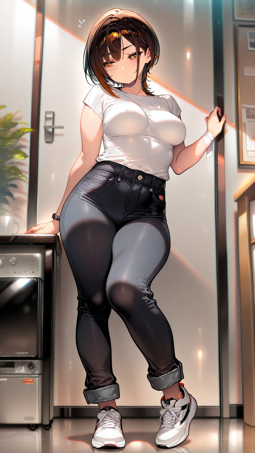 Curvy body, 1 girl, standing alone, chestnut hair, ssmile, looking to the down, secretary, Eyes red, cups, detailded , pants, waist belt, thick thighs, shorth hair, Bblack hair, white shirt, black pants, KelvinHiuArtist hair ,flat-colors, ,outline,