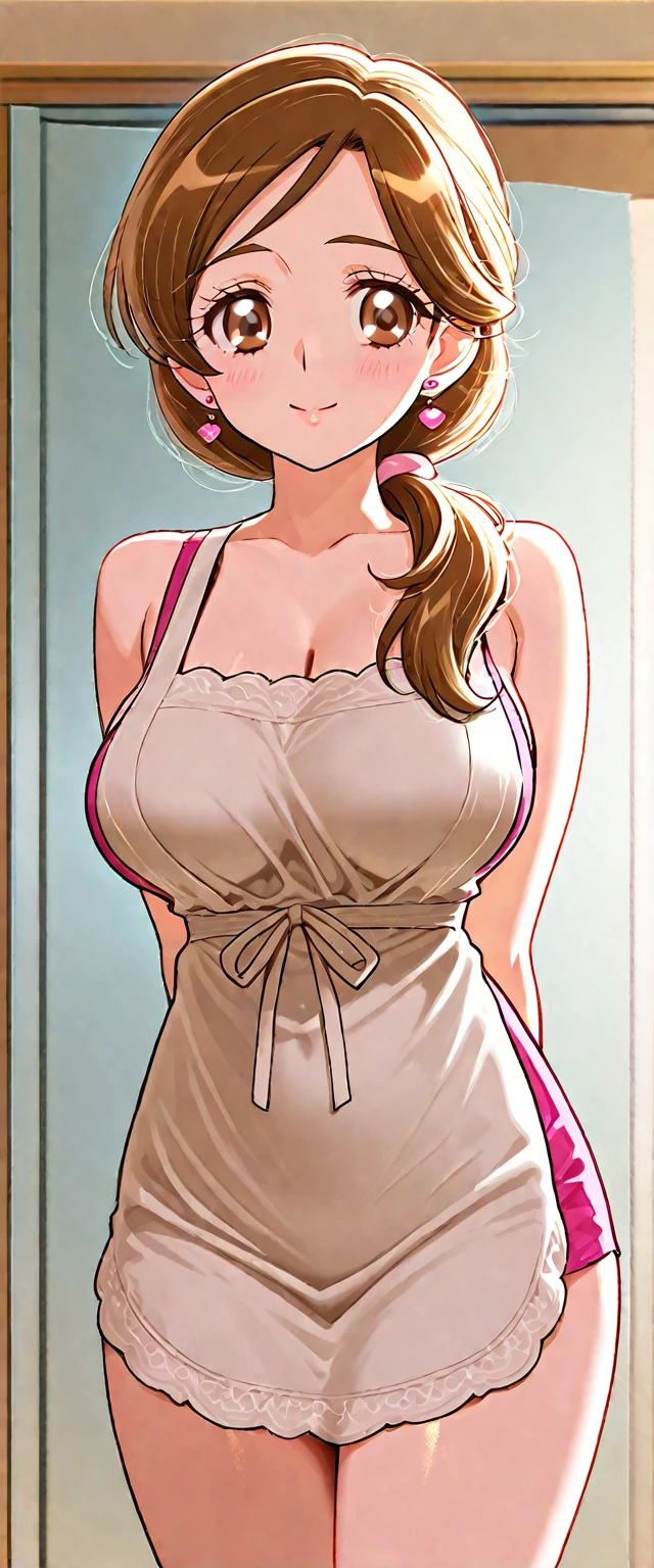 Beautiful house wife, Tan skin, wearing Apron, horny smile, has fatty upper pubic area.