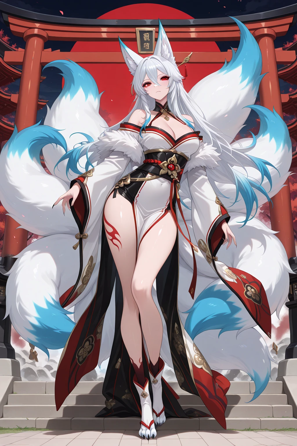 (Best quality),4K,Noble female nine-tailed white fox,furry ears and hands and feet,long leges,The expression is fascinating,Wear tribal clothing,forest backgrou,orc race,Pink Long Hair