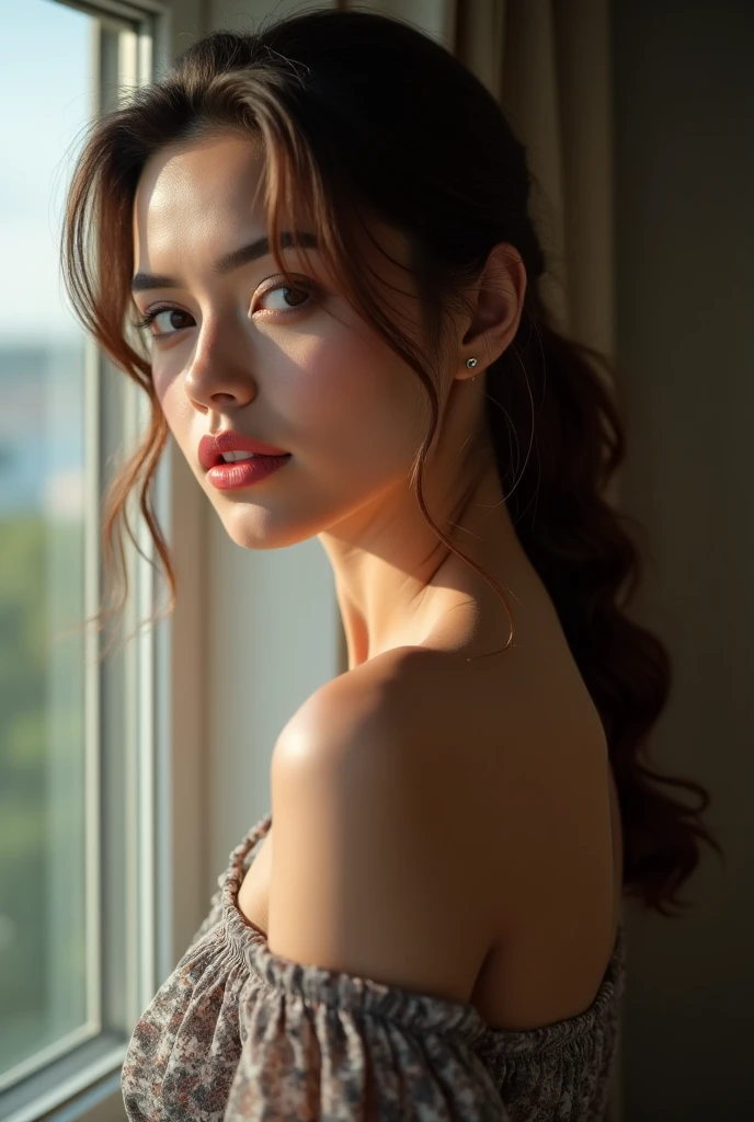 Hyper realistic super detailed sexy woman, eupore women, very detailed, expressions faciales sexy, seductive facial expressions, [:(Face detail: 1.4): 0.4], 16K resolution, 4k resolution, (Ventre plat parfait), (image couleur), ((Best Quality, 8K, Masterpiece: 1.3)), Selfie, Sharp Focus: 1.2, Cute Beauty with Perfect Figure: 1.4, Slim small Breasts: 1.2, ((Brown Black, Big Breasts: 1.2)) , (Small transparent dress, off-white, semi-nude, highly fine breasts, happy and shy expression, Standing: 1.2), ((Night view of the rainy city, simple balcony: 1.3, made with a female main focus)), highly detailed face and skin texture, detailed eyes, double eyelids, long eyelashes, clothing high quality, full body, looking at viewer, masterpiece, best quality, highly detailed, desire, blush, (Beautiful and detailed eyes description), (beautiful and detailed face), Perfect female body, (Best Quality), (ultra-detailed), (master piece), (hight resolution), (Original), (the Extremely Detailed CG Unity 8K Wallpapers).