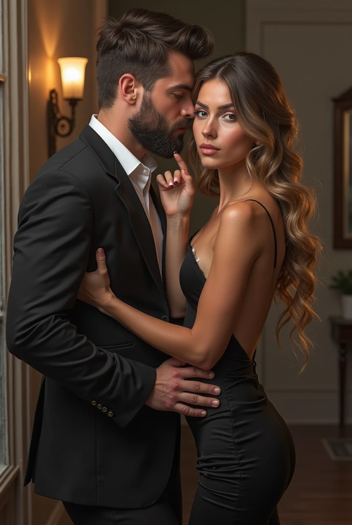 A full-body view of a stunning, very young woman with a really skinny body. She is accompanied by a well-dressed man in his 50s. The woman has long, flowing hair and a confident, alluring expression. She uses sexy and mini underwear, wear high heels, showcasing her little ass. The man is dressed in a sharp, tailored suit, exuding sophistication and maturity. The image is highly detailed, capturing the textures of their clothing, the contrast between their ages, and the subtle interactions between them. The scene is both seductive and captivating, with intricate details in the lighting, shadows, and expressions.