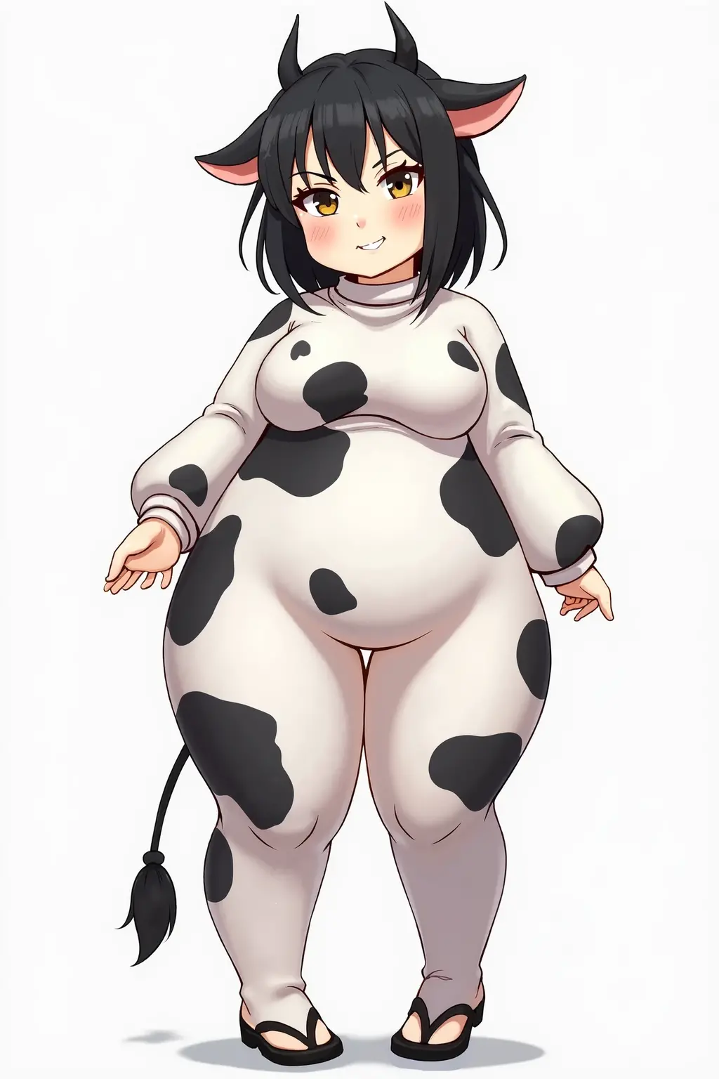 ((Cow pattern on body)), 
dark skin:1.1,
BREAK,
(masterpiece), best quality, highly detailed face, expressive eyes, Professional Photography, full body, 
BREAK,
Girl Cow, ((short curly hair)), cow bell, cow horns, cow ears,
BREAK,
heterochromia eyes, eyeliner, thick eyebrows, smiling, 
BREAK, 
(Huge breast:1.1), hourglass body, slim waist, (hips:1.1), long legs,
BREAK, 
Heels,space explorer outfit, metallic fabrics, holographic details, cosmic patterns, a prompt emphasizing the cosmic and space-inspired elements of an outfit suitable for a space explorer