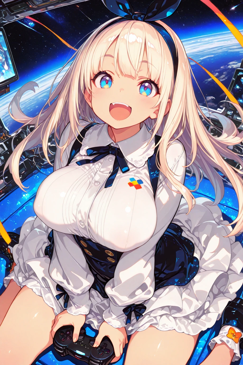 sauce_anime、Highest quality、(alone:1.3)、White of the eyes、Sudan、mature、Curvaceous、galaxy skin、1 Girl、bald、Open your mouth 、No ears、fist, Finding, Shining white eyelashes chest、Hudd_weight、Collared shirt、skirt、neckerchief、apron、Cleavage、It is, In space, BREAK score_9、score_8_superior、score_7_superior、score_6_superior、score_5_superior、