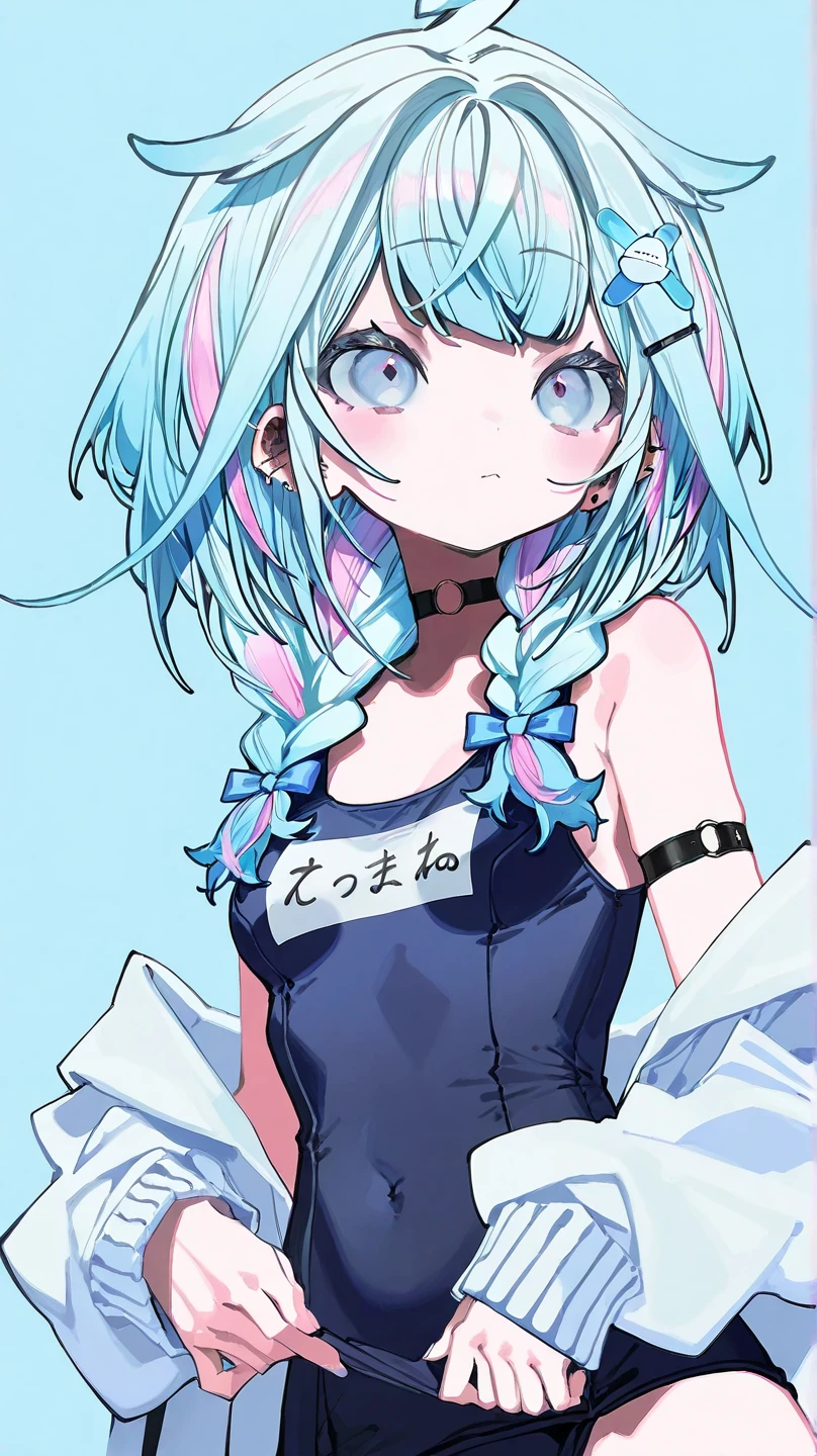 masterpiece, highres, 1girl, goddess of victory: nikke, pepper_(nikke),  ペッパー(勝利の女神_NIKKE), beautiful face, detailed face, pink hair, bangs, headphones, gloves, blue neckerchief,  sweater, thighs, blush, smile,  large breasts, full body, bare shoulders, eyebrows visible through hair, headgear, long hair, looking at viewer, sweater dress, vest, standing