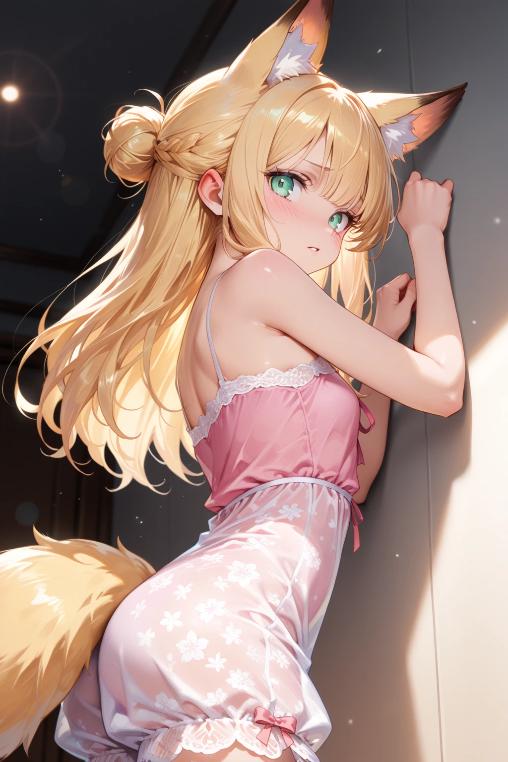 ((masterpiece、top-quality))、girl with、fullnude、all-fours、Elbows on the ground、Previous Perspective、Looking up at the viewer、Blushing、a blond、A slight smil、There are cat ears