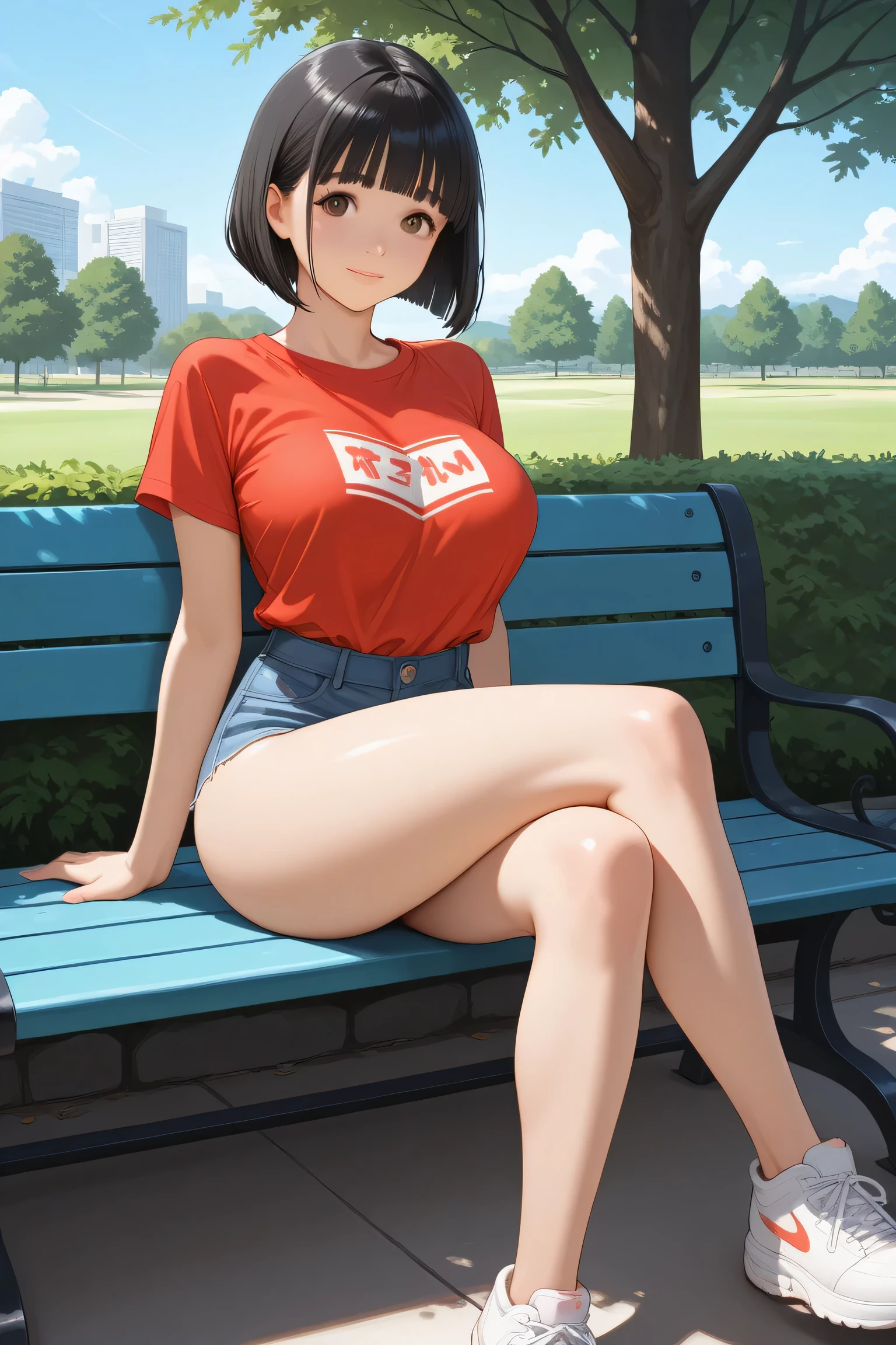 ((masterpiece)),((best quality)),ultra-detailed,illustration,1girl, solo, brown hair, bottle, shorts, hair flower, flower, breasts, hair ornament, water bottle, looking at viewer, sitting, red shorts, outdoors, green eyes, holding, wet, short shorts, thighs, short hair , grass, bare shoulders, holding bottle, shirt, midriff, bare arms, wet clothes, open mouth, see-through, crop top, smile, bench, sleeveless, white flower, navel, bag, medium breasts, water, arm support, sleeveless shirt, wristband, suspenders, blurry, sidelocks, white shirt, large breasts, day, dolphin shorts, wet shirt, :d, bangs, sweat, on bench, alternate costume, soaking feet, blush, bra visible through clothes, sports bra, stomach, teeth, upper teeth only, feet out of frame, blurry background, gym shorts, hair between eyes, short hair, taut clothes, duffel bag, taut shirt, sweatband, depth of field,Beautiful Finger,Beautiful long legs,Beautiful body,Beautiful Nose,Beautiful character design,perfect eyes,perfect face,alluring,wallpaper,perfect lighting,Colorful,ultra highres,4K,photography,8K,HDR,highres,(groin),inoue orihime,(Beautiful, large breasts:1.2),(beautiful face:1.2),(narrow waist),(full body),shiny skin,nsfw,anime screencap,,closed mouth,smile, <lora:Hikami Yukino_:0.7>