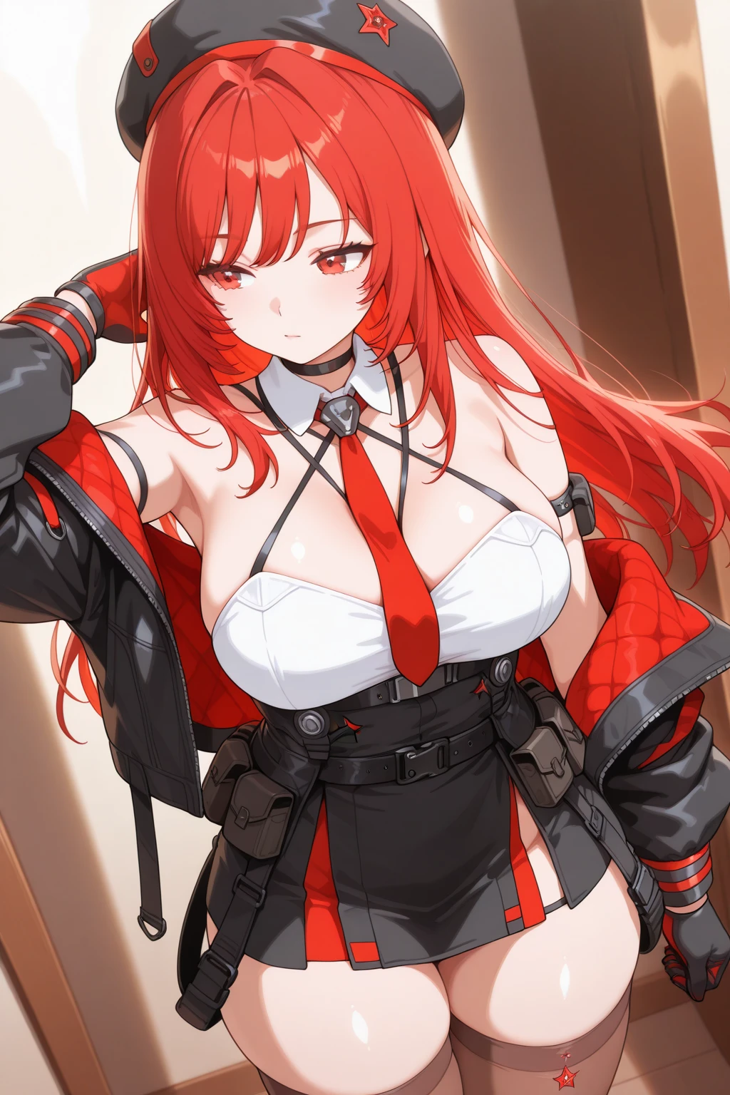 room, indoors, looking down,score_9, score_8_up, score_7_up, source_anime BREAK 1girl, solo, nikkeredhood, red hair, long hair, headgear, red eyes, blank stare, parted lips, half-closed eyes, red scarf, crop jacket, red jacket, black shrug \(clothing\), navel, midriff, zipper, cleavage, large breasts, fingerless gloves, belt, black pants, asymmetrical legwear, hip vent, standing, looking at viewer, disgusting face