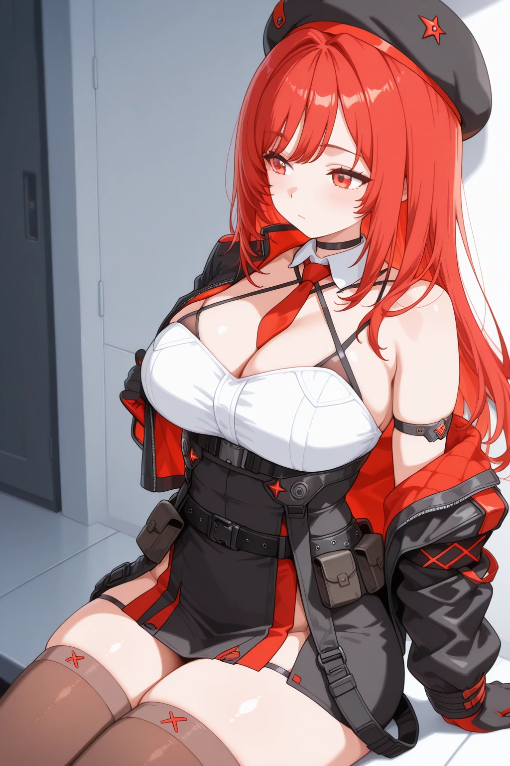 room, indoors, looking down, score_9, score_8_up, score_7_up, source_anime BREAK 1girl, solo, nikkeredhood, red hair, very long hair, headgear, yellow eyes, red scarf, crop jacket, red jacket, black shrug \(clothing\), navel, midriff, zipper, cleavage, large breasts, fingerless gloves, belt, black pants, asymmetrical legwear, hip vent, looking at viewer, smirk, giantess, feet, crush,