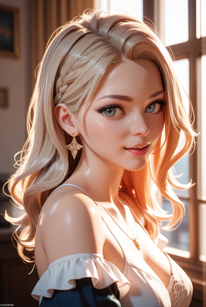 Young blonde, flossing, close, detailed, magical, realistic, 8k