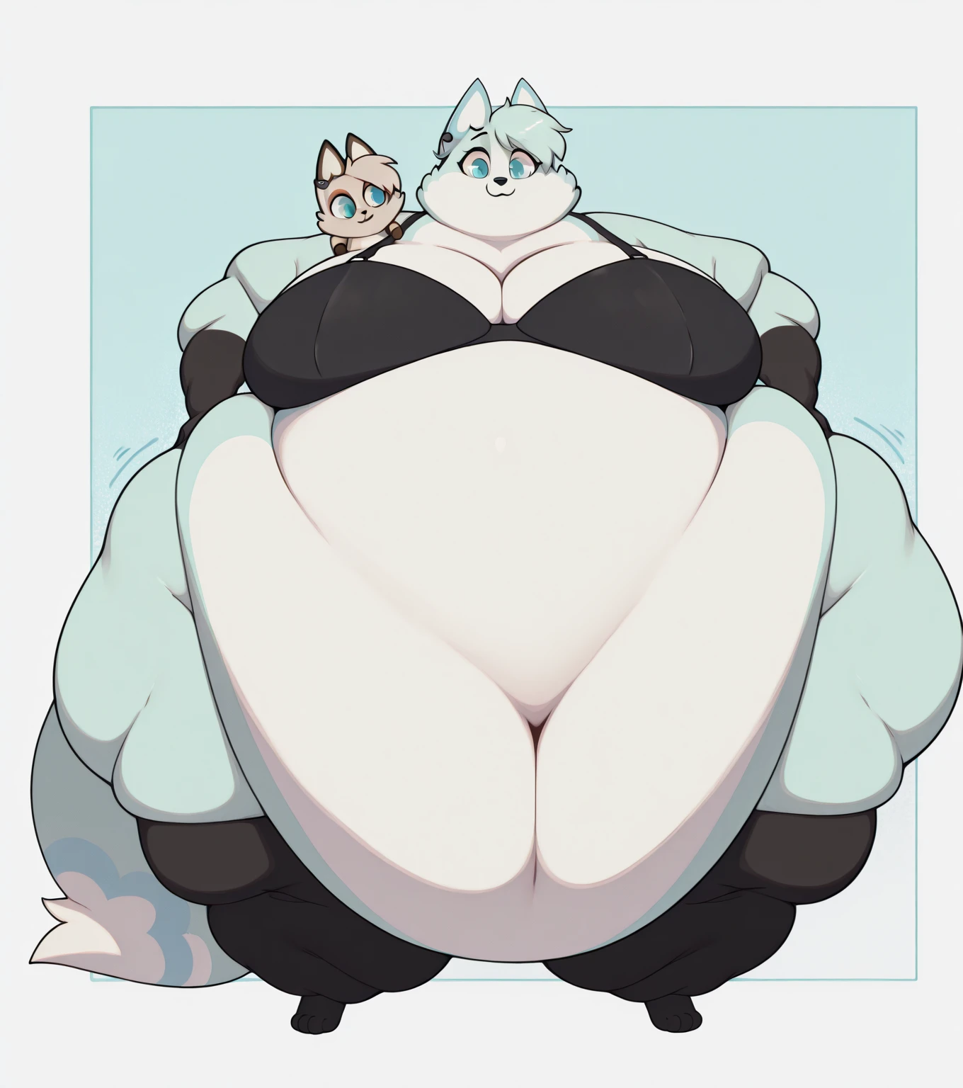 [temmie], [undertale], (Pixelsketcher), (wamudraws)], ((masterpiece)), ((HD)), ((solo portrait)), ((feet visible)), ((furry; anthro)), ((detailed fur)), ((detailed shading)), ((beautiful render art)), {anthro; (white body fur), black nose, cute grey eyes, short grey hair, (curvy hips, big breasts, big ass, inflated belly), (beautiful legs), (beautiful paws), (excited smile)}, {(blue-yellow striped bikini}, {(in bedroom), (standing, in front of bed), (looking at viewer)}, [background; (bedroom), (ambient lighting)]