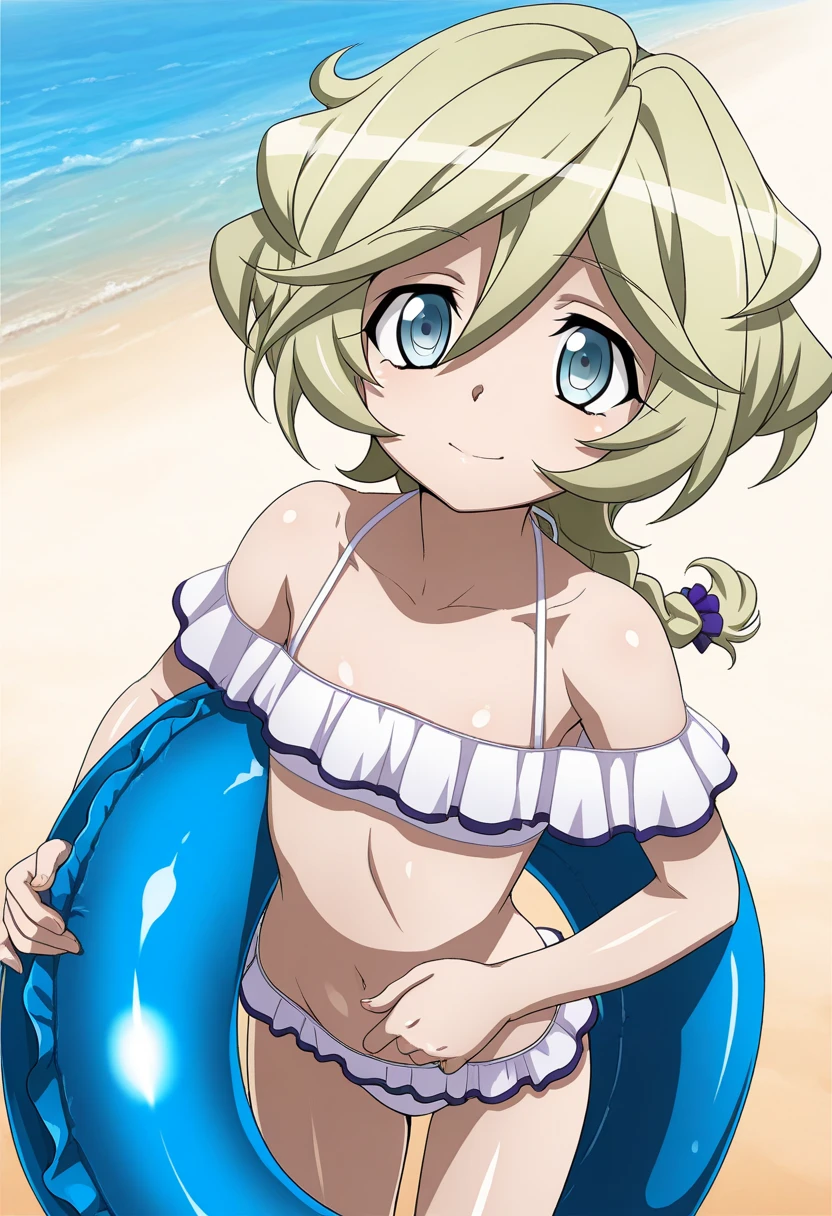 "(masterpiece:1.1), best quality, (NSFW:1.1), 
1girl, gyaru, (80s anime style:1.3), (eyelashes:1.5), 
(intricate high detailed body:1.2), 
yellow hair, 
(forehead, parted bangs, hairclip:1.1), (short hair, french braid:1.1), 
purple eyes, (thick eyebrows:1.1), 
(loli body:1.2), (medium breasts:1.1), 
expressionless, (open mouth, tongue out, blush:1.2),
(string  bikini:1.1), 
accessories, collar, headband, 
standing, leaning forward,
(cowboy shot:1.1),
(daytime, beach:1.2)"