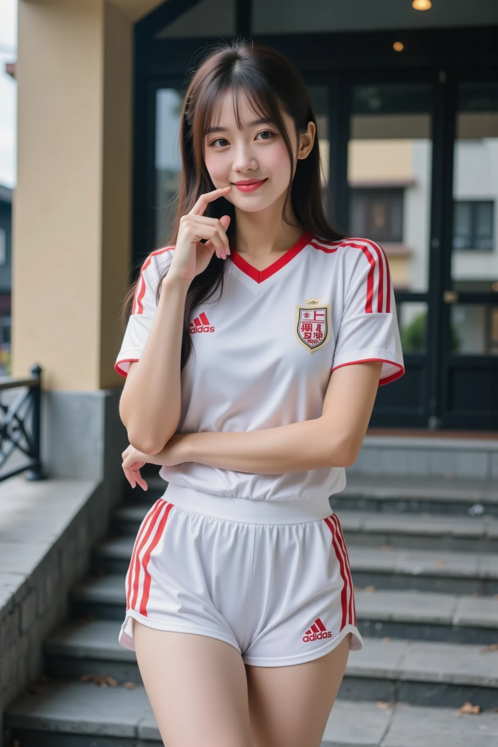 Photo of a 15-year-old European girl, .RAW, beautiful woman, (Light brown hair with ponytail hairstyle ), Ponytail hairstyle ((portrait)), ((detailed face:1.2)), ((detailed facial features)), (finely detailed skin), red uniform , (( red mini skirt)) red and white band around the head, sports shoes with freckles on cheeks and chest ,park, london ferris wheel、revealing clothing , erotic clothes、small breasts , big smile (cool color), humid, humid, Reflectors, (Tabletop) (perfect proportions)(Realistic photos)(The best quality) (detailed) photographed with a Canon EOS R5, 50mm lens, f/2.8, NffSW, (8k) (wallpaper) (cinematic lighting) (Dramatic lighting) (sharp focus) (Convoluted) , Whole body, beautiful woman body , game pose,