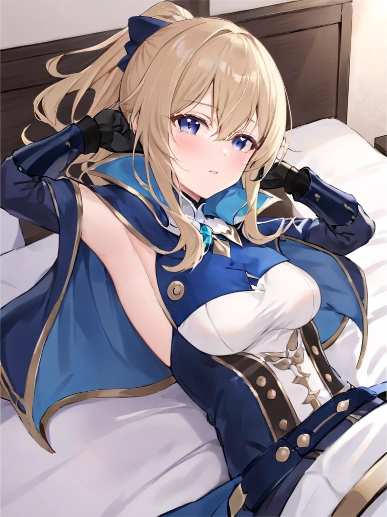 jeangunnhildr, <lora:jeangunnhildr-lora-nochekaiser:1>,
jean, blonde hair, blue eyes, hair between eyes, medium hair, ponytail,
BREAK black gloves, blue capelet, capelet, cleavage, corset, detached sleeves, gloves, pants, strapless, (white pants:1.5),
BREAK indoors, castle,
BREAK looking at viewer, (cowboy shot:1.5),
BREAK <lyco:GoodHands-beta2:1>, (masterpiece:1.2), best quality, high resolution, unity 8k wallpaper, (illustration:0.8), (beautiful detailed eyes:1.6), extremely detailed face, perfect lighting, extremely detailed CG, (perfect hands, perfect anatomy),