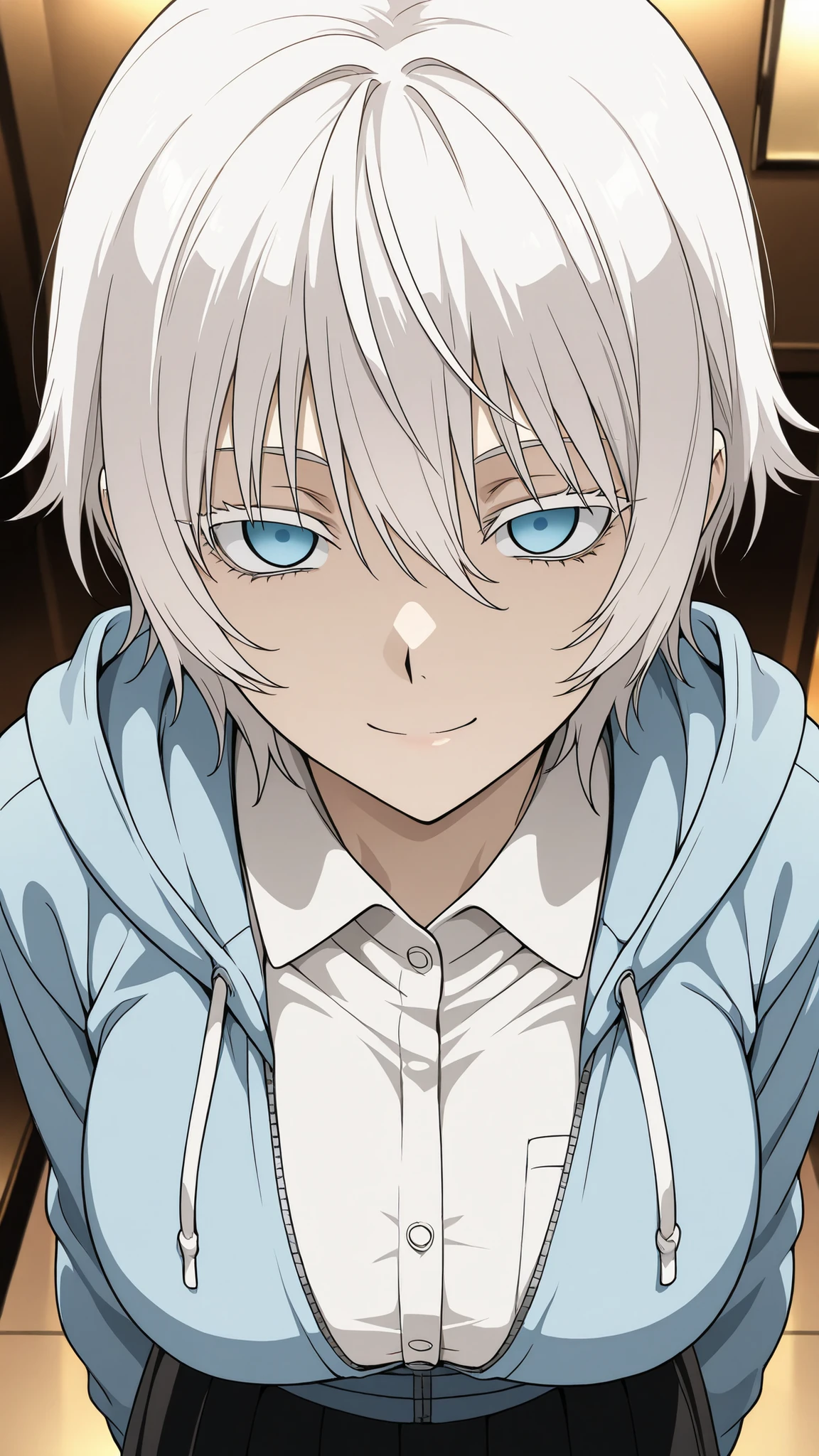 mozu,jormungand
High quality ,  best quality , masterpiece,  High Resolution ,anatomically correct,),anime coloring,
solo, 1 girl, adult
White hair, short hair, wolf cut, blue eyes, empty eyes, large breasts, White collar shirt, black skirt, blue hoodie jacket
close up , looking at viewer ,upper body,from above
hotel
, Expressionless,smile
