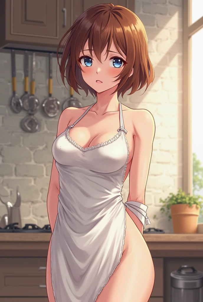 Masterpiece,Highest quality,8k,Ultra-high resolution,appropriate margins,lighting,Photograph the whole body,BREAK,1 person,Very beautiful adult woman,Slim body,Very ample large breasts,Deep cleavage,Moisturized Skin,BREAK,(Red Hair),Forehead,mascara,Red eyeliner,Light pink lip,Thin teak,Thin eyebrows,BREAK,Light purple eyes,BREAK,Cute expression,BREAK,short hair,BREAK,(Naked Apron),BREAK,Eye contact