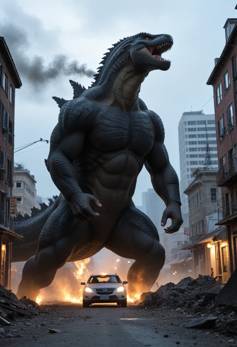 Godzilla、25 meters、70's、Streetscape、Tokyo、Look Up、bark、The tail dances