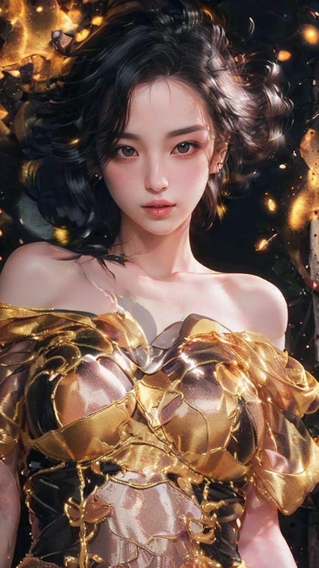 Girl standing in the clouds staring up as the stars, stars floating around her, brilliant colors, amazing swirls of cosmic dust, colorful vibrant, light particles, Create digital artwork in the Pop Art style, Featuring a vibrant and confident young Asian girl，street fashion (breast), Movie color scheme, Surrounded by vintage flower motifs, Vibrant brushstrokes,Emotions should be dynamic, Upper body, Drawing, illustration, escala cinza, tropical, Many flowers,