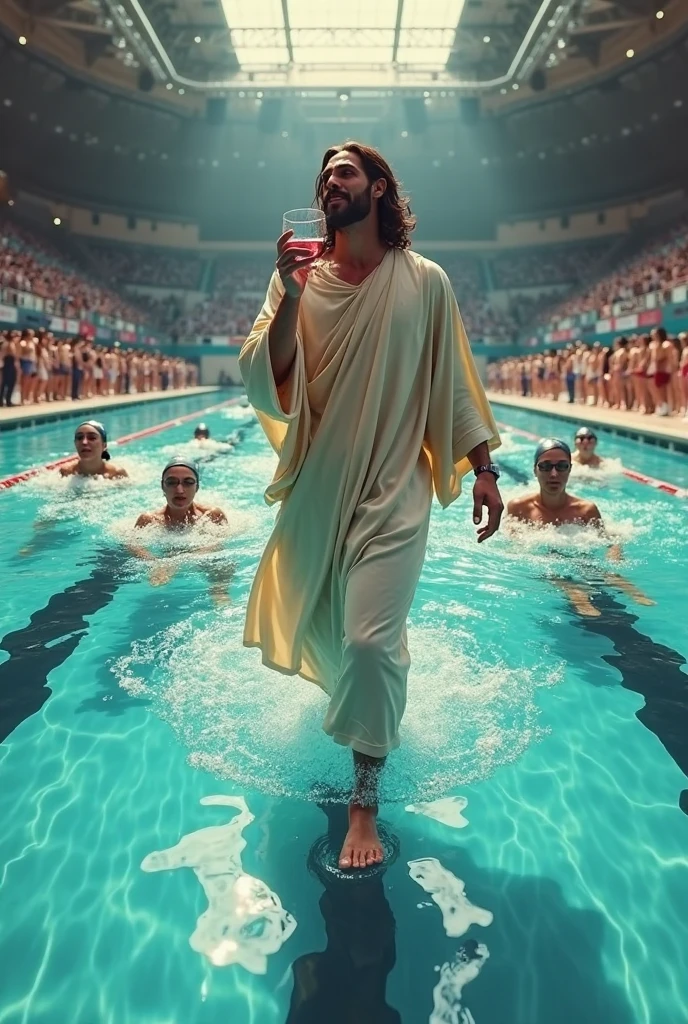 Jesus competing in swimming at the Olympic pool
