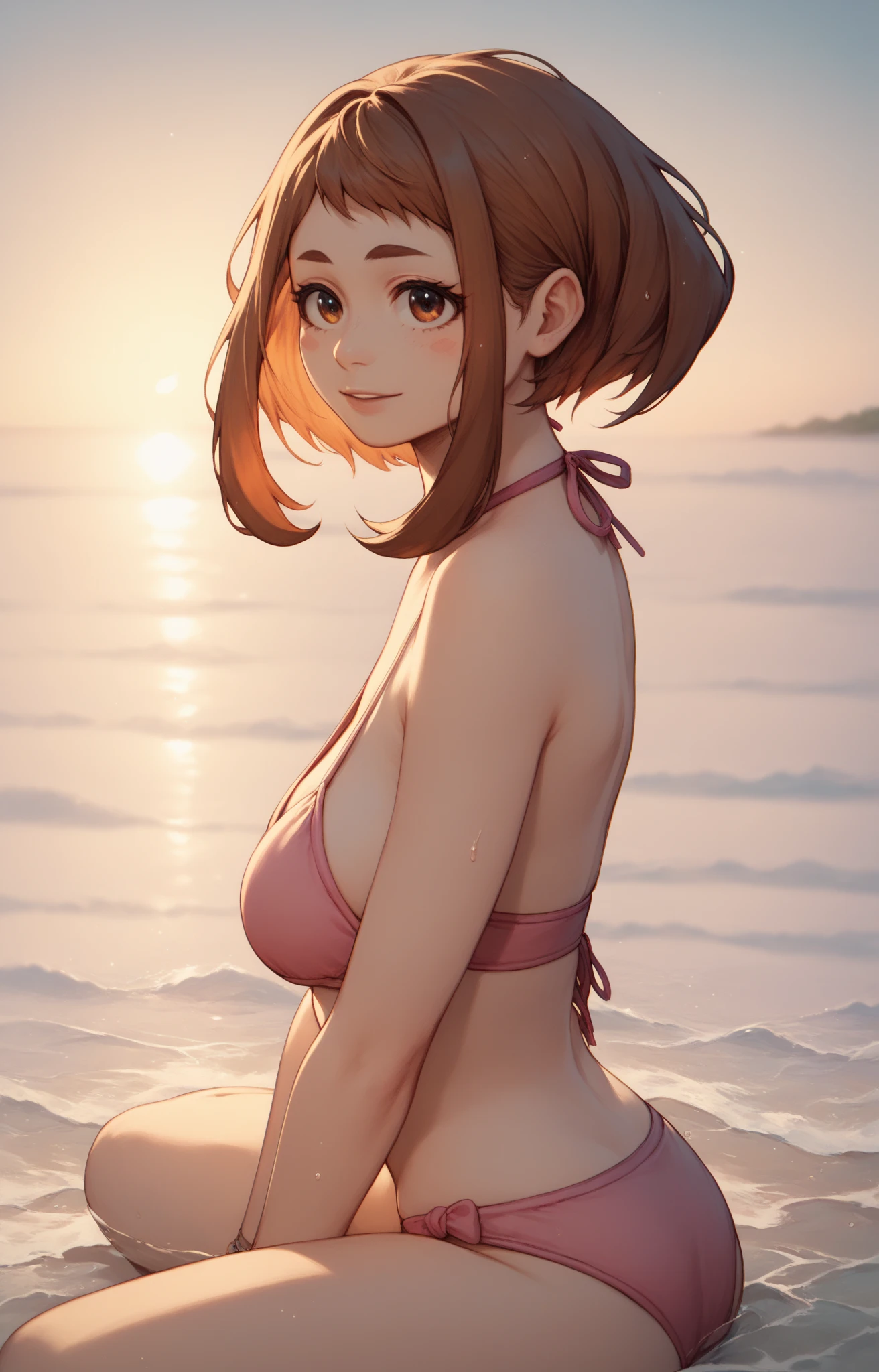 Top Quality, Masterpiece, (Realistic: 1.2), Realistic, Realistic, Crisp & Clear, High Quality, Anatomically Accurate, French, Beautiful 17 year old girl, 167cm, red hair, blue eyes, cute, pretty legs, wet white bikini,, strong willed eyes, dark eyebrows, silver rose in hand, neat beauty, bashful smile, (((( Top quality)))),((((highly detailed))), 1 girl, super detailed, highly detailed, fine details, super detailed, top quality, 8k, excellent anatomy, beautiful lighting、in the beach
