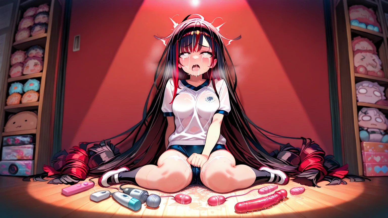 (masterpiece:1.3), (best movie quality), (extremely fine), (Eye on female genitals), (beautiful), (very detailed settings:1), (artistic lighting), (bewitching purple haired princess、Name is「Nemo」), short blue haired, (eye+yellow+red:1.4), (multicolored eye+heterochromia), 24-years-old, I'm currently using a device that licks the vagina between my penis and I'm squirting., I'm excited and my clitoris is sticking out, Beautifully shaped, large breasts and small nipples, wearing cyberpunk clothes, Development of ultra-futuristic SEX technology, The room of an engineer at the cutting edge of scientific research around the year 3200 (The robots around are the best masterpieces), (After the end of World War VI、There are very few surviving humans、「Nemo」looks at the man、White god with mud from the female genitals々Fresh liquid overflows), (「Nemo」Instead of getting stronger by inserting a penis into the vagina、I always climax and squirt),(lewd), (「Nemo」A thick white mess comes out of the female genitals of々The new liquid is、It smells very good and is sweet like honey.、It also has the power to heal wounds、「Nemo」can be manipulated freely),