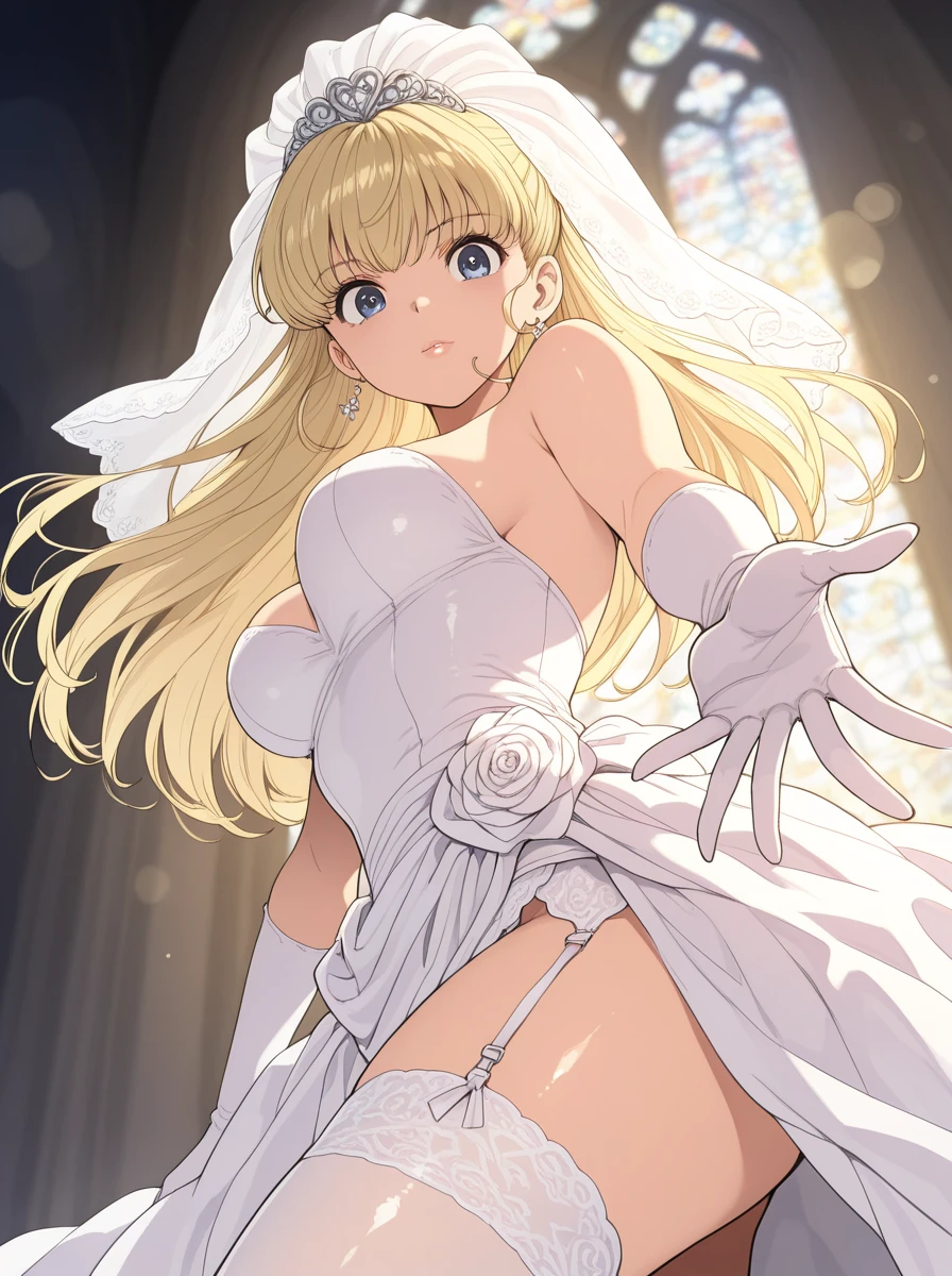 A girl, Wearing a wedding dress, White Wedding Dress, whole body, Slim, Long legs