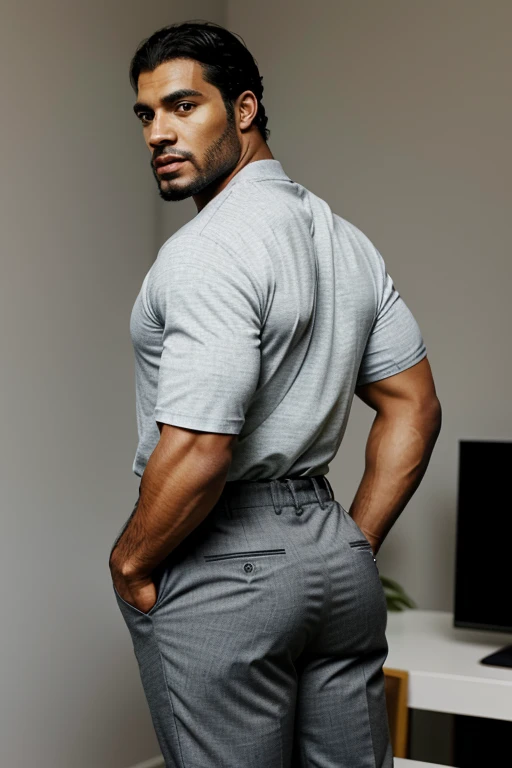 Un hombre negro con la cara se parece a Henry Cavill. Black man, Su cuerpo es musculoso y pe barba dentada. Big butt, in a moment of reflection. Full body. Camisa Fajada, ropa semi formal color claro, backside.