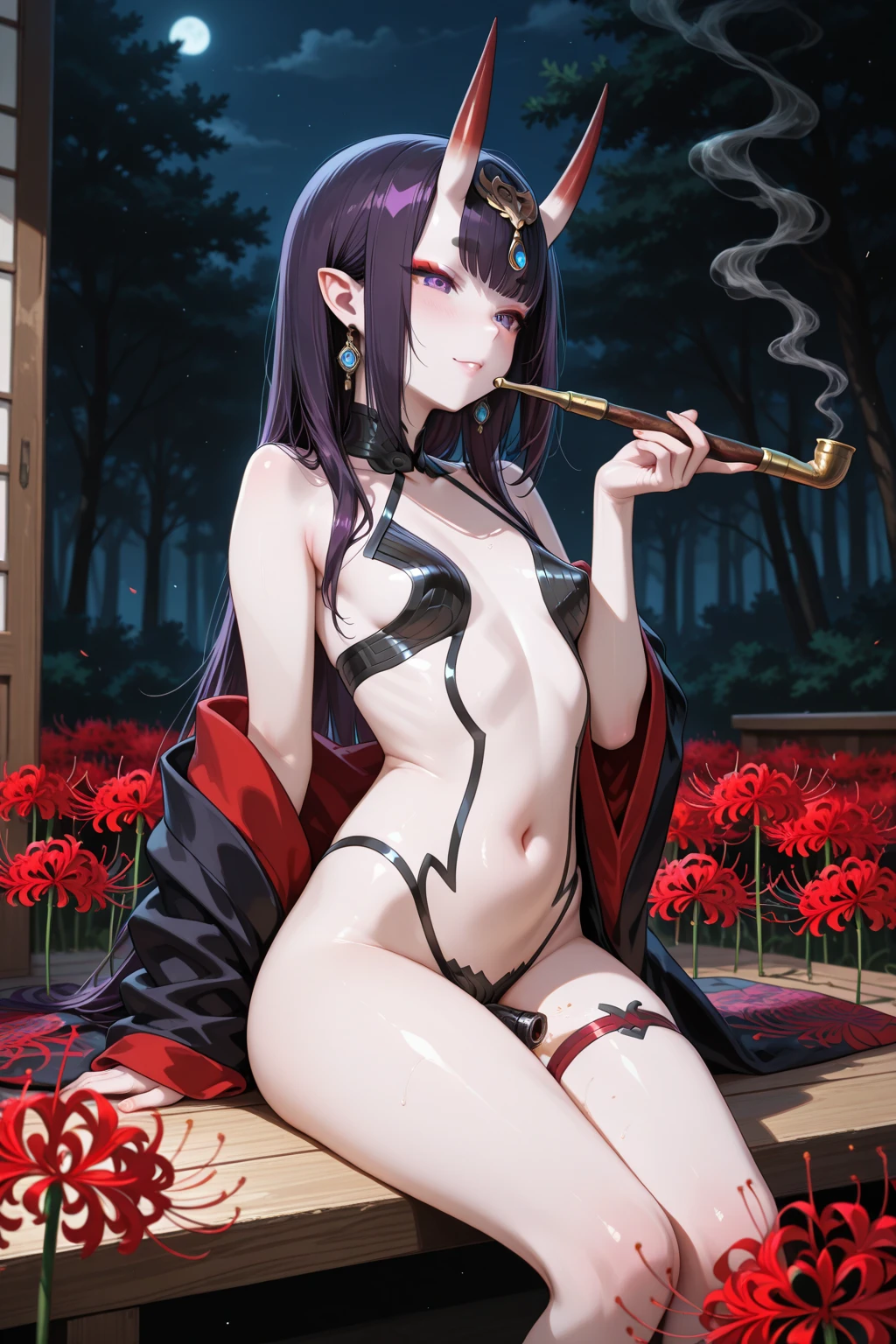 nsfw, Not wearing underwear、Flat Chest、Disheveled kimono、See-through clothing、Black Hair、Hime cut、  Young Girl、{Dripping juice}, Full body portrait、in the forest、Lying down、ahegao, masturbation, {{Inserting a huge dildo into her pussy }}、legs spread、cum on full-body
