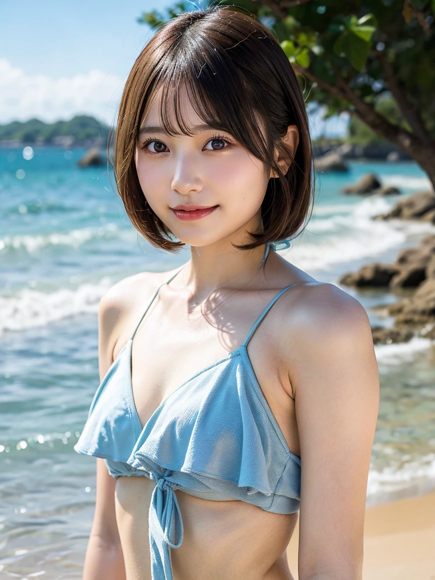 (((masterpiece))), (((Full body photo))), (One beautiful Japan girl, landscape and innocence,kawaii) ,超A high resolution, Realistic, ultra-detailliert, 8K,top-quality, Extremely detailed, Detailed background,A slender,very beautiful japanese girl, Detailed face:1.3), (two buns tied,A dark-haired :1.4), (a baby face,kawaii系,adorable 14 year old girl), (Perfect body:1.1),,beautiful young woman with,perfect body and beautiful big eyes, perfectly slim body, shairband, micro bikini with white frills, Playing on the beach, tropical island, Happy, gently smiling, Open, face perfect, Muted Tones, Atmospheric, Clean lines, Convoluted, ultra-detailliert, Realistis, 8K