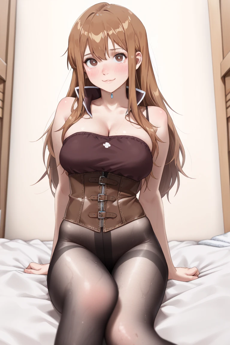 anime, highly detailed face, smooth eyes, highly detailed background, perfect lighting, full body, 1girl, solo, Asuna Yuuki, asuna, indoors, black heels, black thighhighs, light brown hair, bedroom, absurdres, high res, ultrasharp, 8K, masterpiece, looking at viewer (sexy pose:1.2), black thighhighs, brown eyes, very long hair, (full body:1.5), naked, nsfw, ecchi, horny, teasing, no bra, no underwear, naked, nude, wet pussy, climax, oh_face, both hands holding breasts, squeezing_breasts, breasts_squeeze, on the floor on her knees